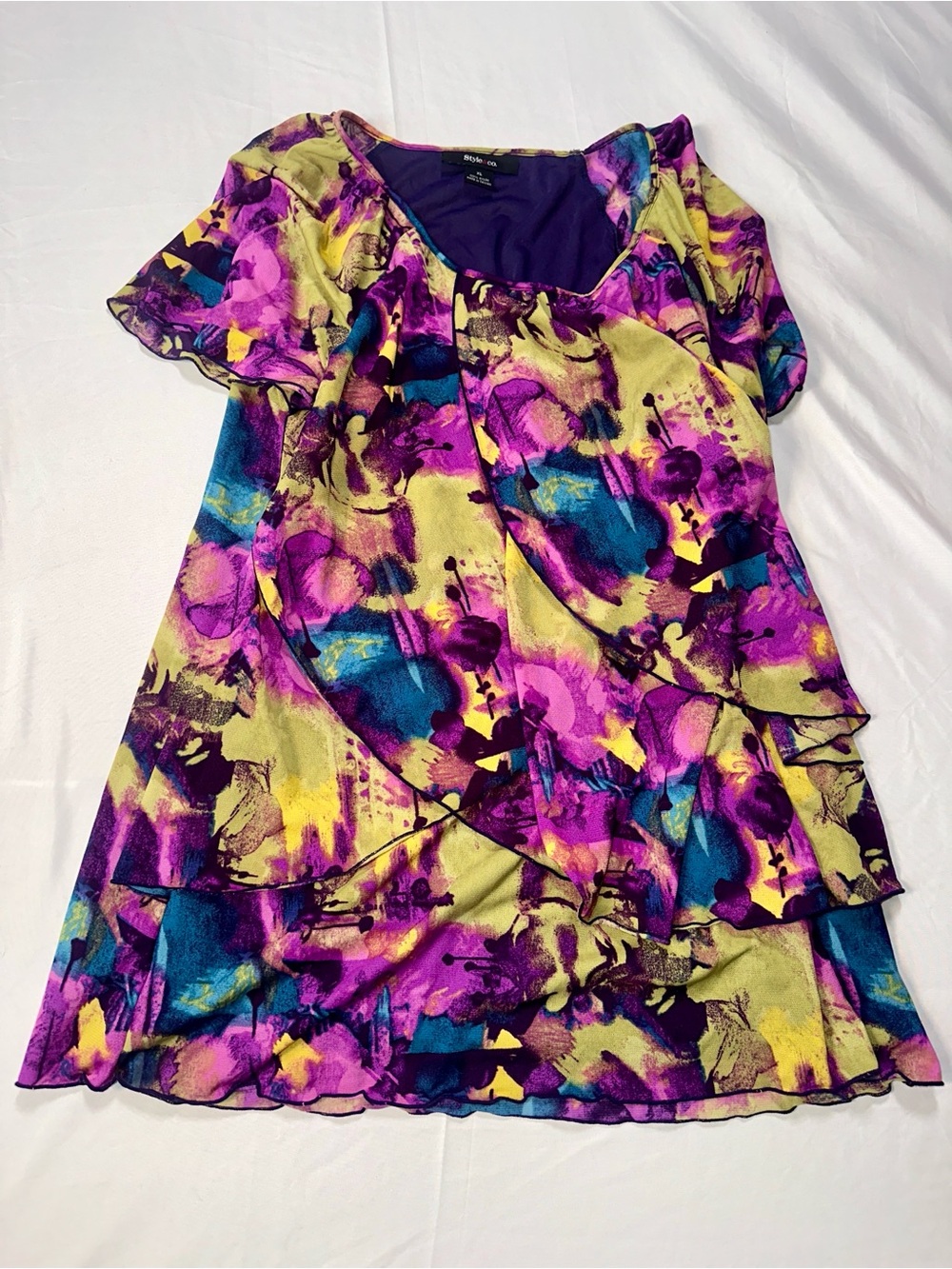 Style & Co. Multicolor Abstract Ruffle Tiered Blouse - Purple, Yellow, Teal